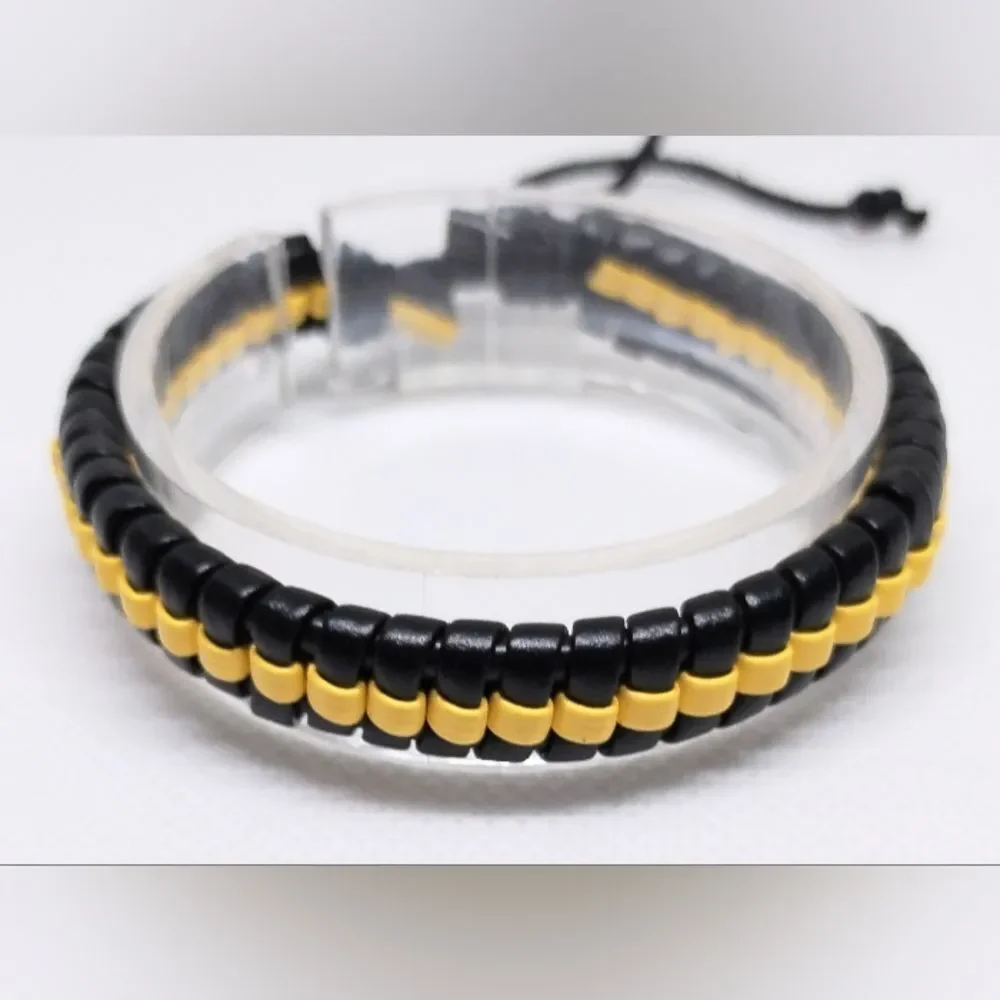 Men's bracelet leather braided‎ black yellow new e94